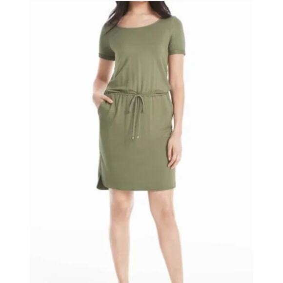 White House Black Market Drawstring Waist Dress Army Green Knit Cutout Back S - Picture 1 of 7